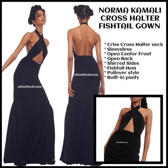 NORMA KAMALI BLACK CROSS HALTER FISHTAIL GOWN SZ M $245 - Picture 1 of 14